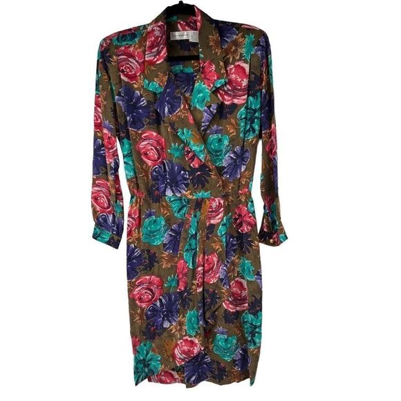 Vintage Olive Green Floral 100% Silk Faux Wrap Long‎ Sleeve Dress with Belt - Picture 1 of 14
